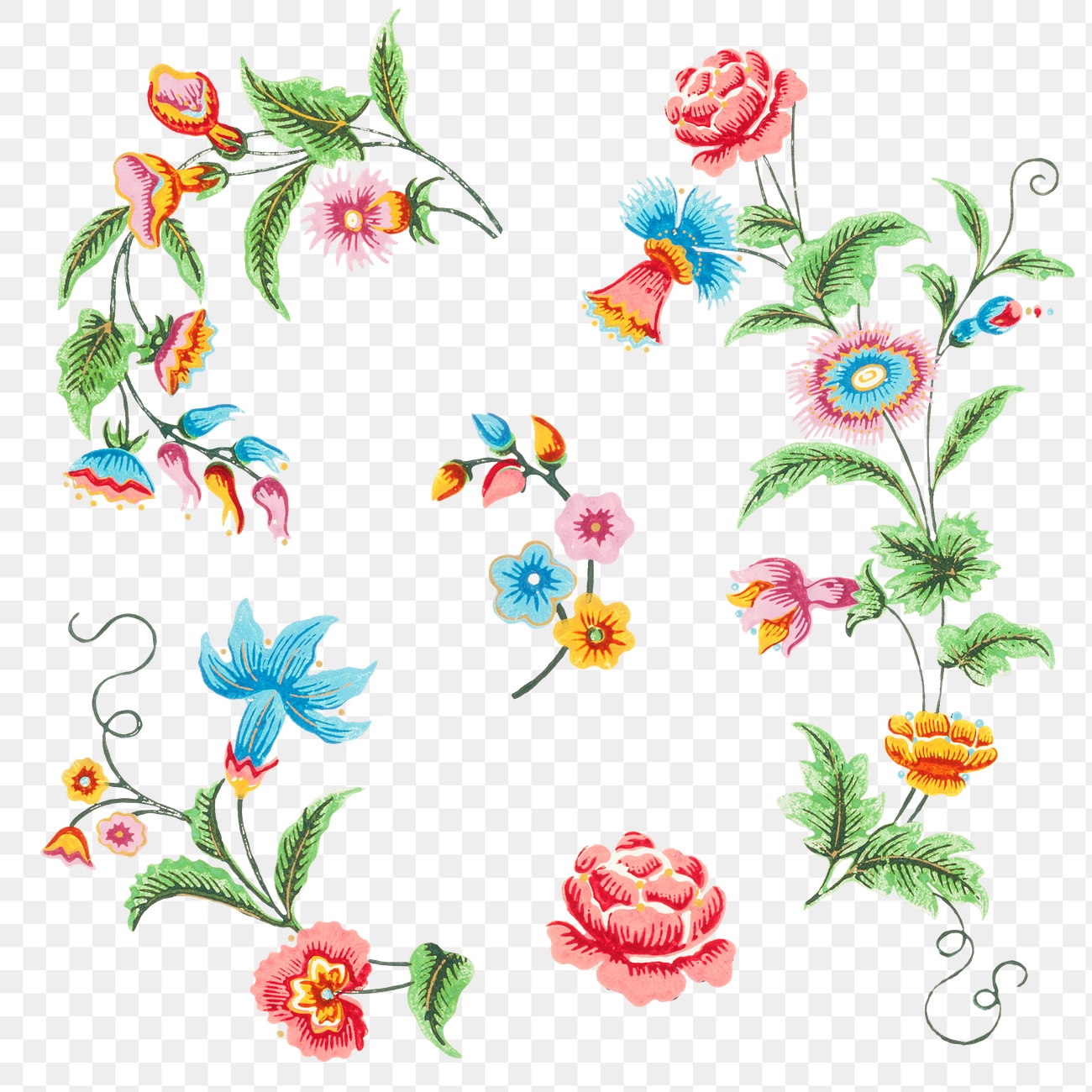 Colorful flowers png vintage sticker | Free PNG - rawpixel