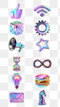 PNG 3D iridescent icon element set, transparent background