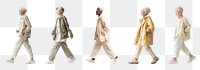 Walking senior people full body png cut out element set, transparent background