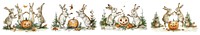 Vintage bunny carving pumpkin png cut out element set, transparent background