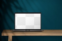 Laptop mockup png, blue wall workspace transparent design