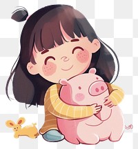 PNG Girl hugging piggy bank and toy cartoon person human.