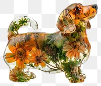PNG Flower resin dachshund shaped art asteraceae figurine.