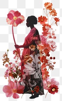 PNG Flower Collage woman with cane pattern flower clothing.