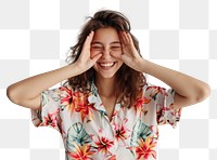 PNG Young female covering eyes with hands smiling cheerful and funny laughing person human.