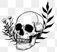 PNG Vintage skull tattoo flat illustration illustrated stencil drawing.