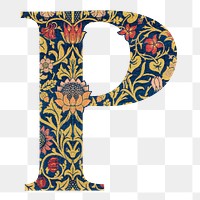 PNG Letter P botanical pattern font, inspired by William Morris, transparent background