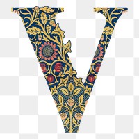 PNG Letter V botanical pattern font, inspired by William Morris, transparent background