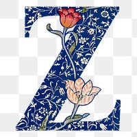 PNG Letter Z botanical pattern font, inspired by William Morris, transparent background