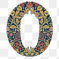 PNG Number 0 vintage font, botanical pattern inspired by William Morris, transparent background