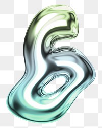 Number 6 png holographic fluid chrome font, transparent background
