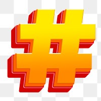Hashtag sign png 3D gradient yellow layer symbol, transparent background