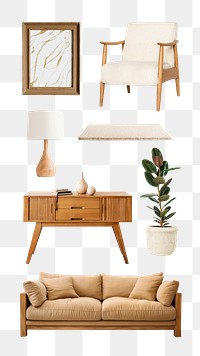 PNG minimal wooden furniture home decoration element set, transparent background