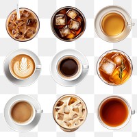 PNG coffee and tea aerial view element set, transparent background