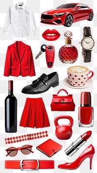 Red outfit and accessories png cut out set