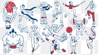 Athletes doodle character png element set, transparent background