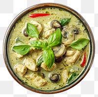 PNG Thai green curry seafood plate meal.