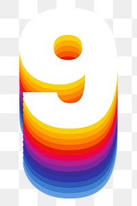 Number 9 png retro colorful layered font, transparent background