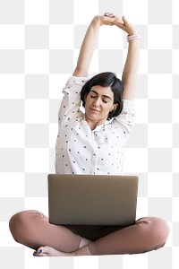 PNG woman stretching while working, transparent background