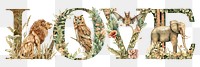 Love word sticker png element, editable  botanical animal font design