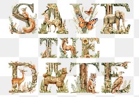 Save the date word sticker png element, editable botanical animal font design