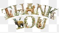 Thank you word sticker png element, editable botanical animal font design