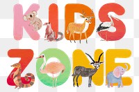 Kids zone word sticker png element, editable  animal zoo font design