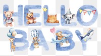 Hello baby word sticker png element, editable  blue watercolor design