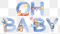 Oh baby word sticker png element, editable  blue watercolor design