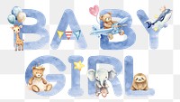 Baby girl word sticker png element, editable  blue watercolor design