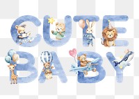 Cute baby word sticker png element, editable  blue watercolor design