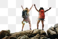 PNG female backpackers on cliff, transparent background