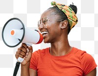 PNG black woman with megaphone, transparent background