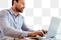 PNG businessman working on laptop, transparent background