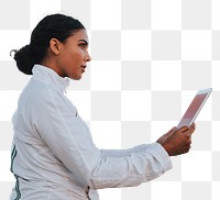 PNG woman using tablet, transparent background