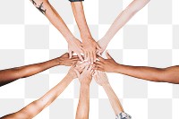 PNG diverse people stacking hands together, transparent background