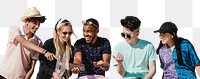PNG diverse friends watching video on phone together, transparent background