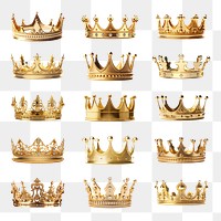 Gold crown png element set, transparent background