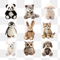 Animal plush doll png element set, transparent background