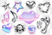 PNG 3d hologram and chrome element set, transparent background