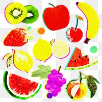 Colorful neon fruits png element set, transparent background