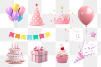 3D birthday party png element set, transparent background