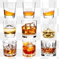 Glass of whiskey png element set, transparent background