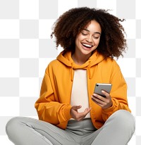 PNG Happy woman using smartphone