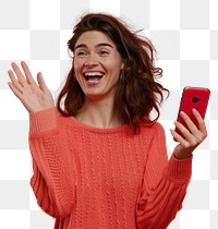 PNG Happy woman waving smartphone