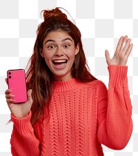 PNG Excited woman holding smartphone