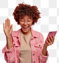 PNG Happy woman waving smartphone pink