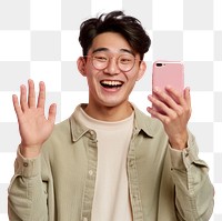 PNG Happy man waving smartphone selfie