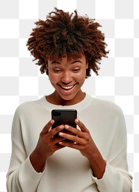 PNG Woman smiling at smartphone screen