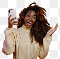 PNG Excited woman holding smartphone